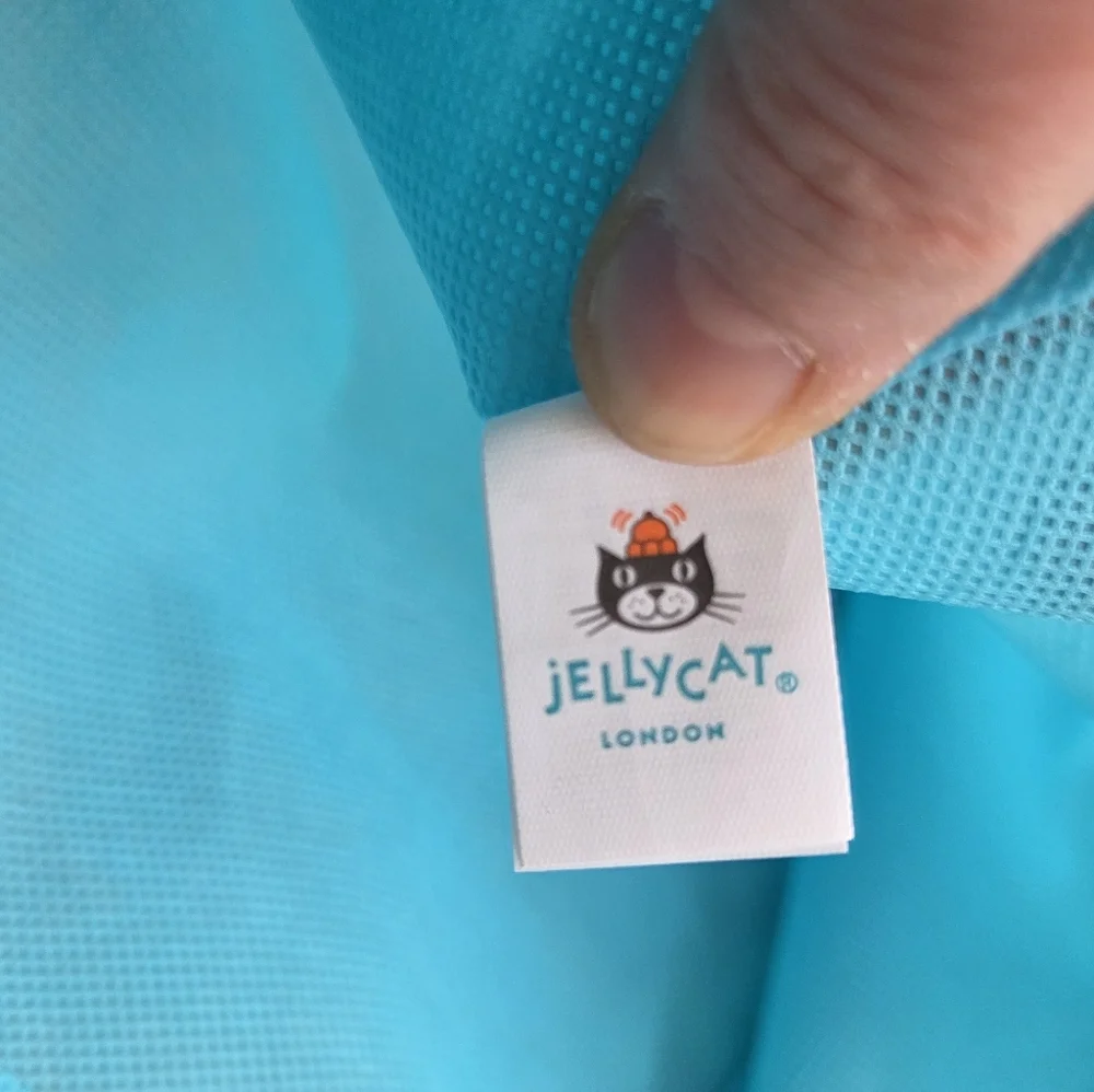 Jellycat Turquoise Cat Toy Bag with Orange Drawstring
